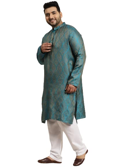 Sojanya Plus Men's Jacquard Silk Teal Blue & Gold Kurta & Off-White Churidar Pyjama Set3