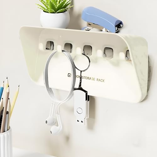 Image of JRM 6 Hook Wall Utensil Rack - Adhesive Plastic Holder for Kitchen, Bathroom & Door - Adjustable Hanger for Towels, Coats, Clothes - Space-Saving Organizer (STOARGE Rack with 5 Hooks, Pack of 3)