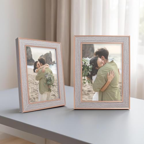 Image of GOLDEN PEACOCK Set of 2 5x7 Inch Photo Frames - Elegant Grey & Gold Finish | Decorative Tabletop & Wall Hanging Picture Frames for Home, Office & Gifting