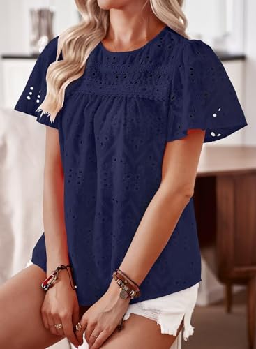 Womens Summer Tops Boho Short Sleeve Crew Neck Blouses for Women Dressy Casual Babydoll Cute Flowy Preppy Shirts2