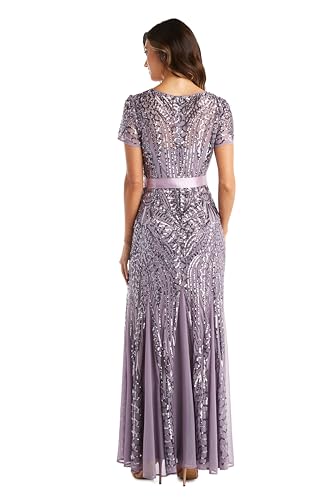 Image of R&M Richards Women's Sequin Evening Gown with Panel Godet Skirt, Ribbon Sash & Short Sleeve for Mother of the Bride, Party