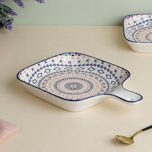 Image of The Earth Store Mandala Ceramic Platter with Handle for Serving Set of 1 | Microwave & Dishwasher Safe Platter for Dessert, Snacks, Starter, Fruits, Salad, Sweets & Appetizers