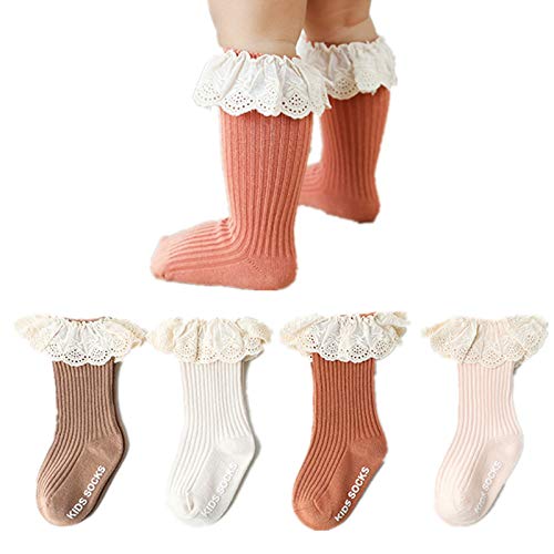 Image of 4-Pack Baby Girls Knee High Socks Infants Toddlers Bow Knit Socks Cotton Tube Ruffled Stockings