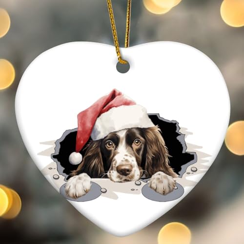 Peeking English Springer Spaniel Weihnachtsschmuck Hund Rasse Hund Kind Tier Herz Porzellan Anhänger Keramik Rustikale Weihnachtskugel Geschenk für Urlaub Weihnachtsbaum Party Dekorationen