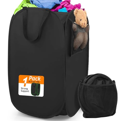 Image of House Again Upgraded Polyester Pop-up Laundry Hamper, 70L (18.5 Gal) Laundry Basket with Durable Handles, Solid Bottom, High Carbon Steel Frame and Side Pocket, Easy to Open and Fold Flat for Storage
