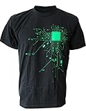 SODAtees COMPUTER Chip CPU CORE HEART Men's T-Shirt Geek NERD - Black-Grn - Medium