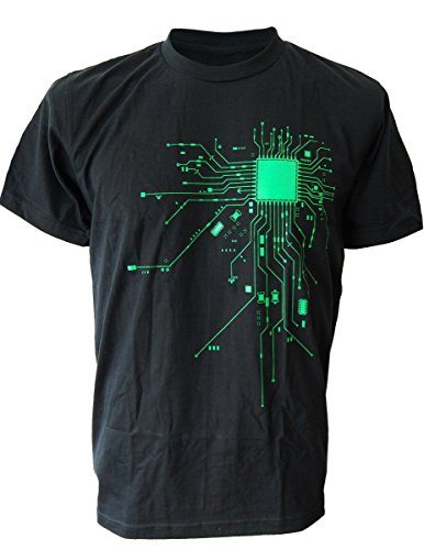 SODAtees Computer Chip CPU CORE Heart Men's T-Shirt Geek Nerd - Black-Grn - Medium