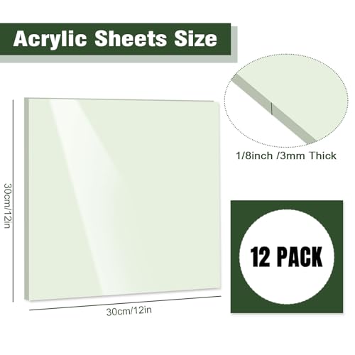 Image of FYSUIMU 12 Sheets Sage Green Acrylic Sheets 1 /8 Thick 12 x 12 Inch Opaque Cast Plexiglass Sheet Acrylic Panel Gradient Green Colored Plastic Sheets for DIY Crafts Laser Cutting Engraving Badges
