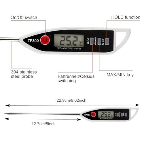 Digital Food Thermometer with Long Probe, Instant Read LCD Display, Waterproof Kitchen Thermometer, -50°C to 300°C Temperature Range for Cooking, BBQ, Water, Liquids and Candles, White