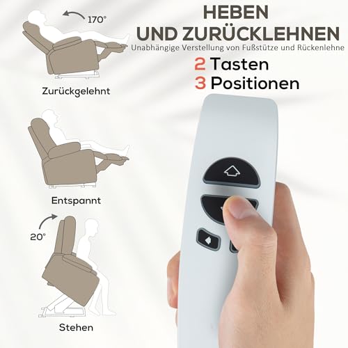 HOMCOM Relaxsessel Elektrisch Fernsehsessel mit Aufstehhilfe, Vibrationsmassage, Liegefunktion, Massagesessel mit Fußteil, 2 Motorn, Lendenwärme, Timer, Seitentasche, Becherhalter Hellbraun – Bild 5