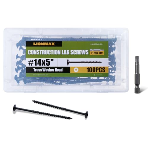 LIONMAX Lag Screws 5 Inch, Structural Wood Screw #14 x 5, 100-PCS Heavy Duty Construction Screw, Rust Resistant, Washer Head, Black Coated Exterior Wood/Lag/Timber Screws, Star Drive with Bit