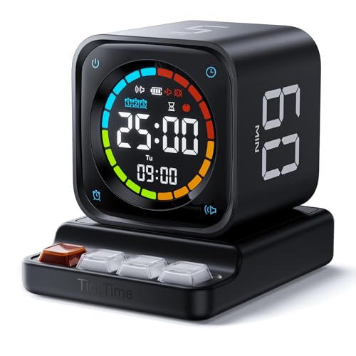 Image of TK3 Pomodoro Timer Cube, Desk Productivity Timer with 5 /10 /30 /60 Min Presets, Custom Countdown, Stopwatch, Clock, 3 Alarm, Silent, Vibrate & Sound Mode, for Task, ADHD, Study, Kitchen,Obsidian Black