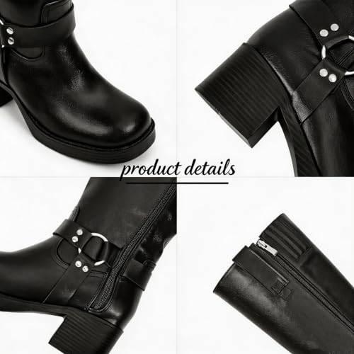 Image of Women's Knee High Riding Boots Chunky Heel Wide Calf Motorcycle Boots with Side Zipper