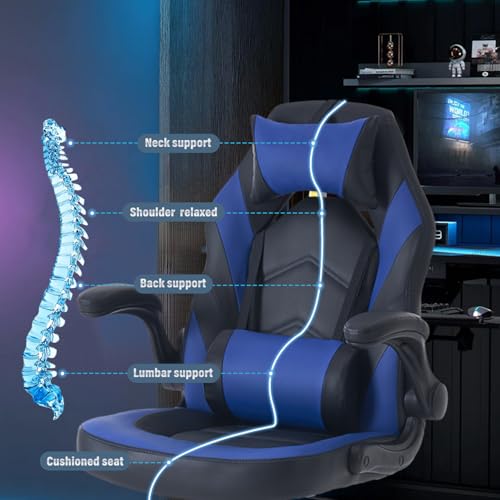Image of Sweetcrispy Ergonomic Gaming Desk Chair - Computer Video with Comfy Lumbar Support and headrest, PU Leather with Flip-up Arms, Adjustable Height and Swivel Wheels, Home and Office, Blue