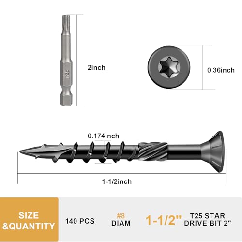 Image of Deck Screws 1-1 /2 Inch, Wood Screws #8x1-1 /2 inch, 140 Pcs Black | Rust Resistant Epoxy Coated, Outdoor Wood Screws, Torx Screws Exterior Fence Screws, T25 Star Bit Included 1 lbs