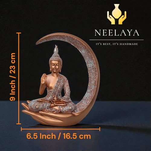 Image of Antique Big Meditating Moon Buddha Statue Showpiece for Home Decor - Living Room - House Warming - Office - Gifting - Buddha Idol Polyresin Decorative Figurine (9 Inch / 23 cm, Gold, Silver)