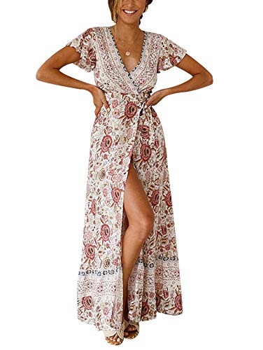 TEMOFON Womens Boho Wrap Dresses: Casual V-Neck Short Sleeve Women Summer Dress Beach Bohemian Floral Maxi Midi Size S Beige