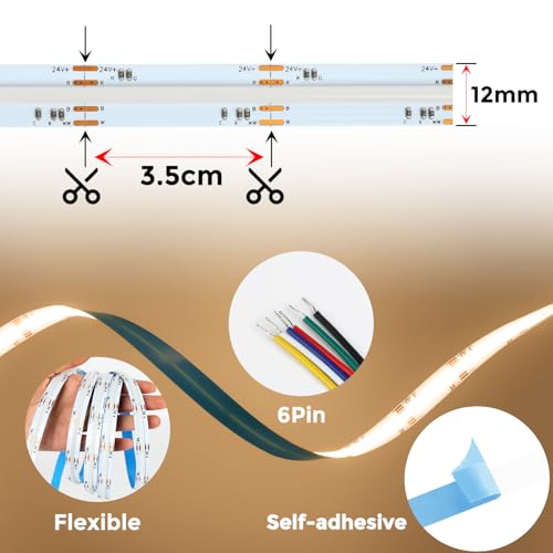 Arotelicht COB LED Streifen RGB+WW/CW 5M 24V, RGB CCT LED Strip Kit 840LEDs/M, 6pin dimmbar Lichterkette mit WIFI Controller und Netzteil Multicolor IP20 für Küche Home DIY Dekoration