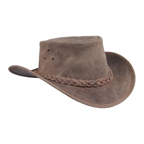 Leatherick Chapeau de Cow-Boy en Cuir véritable Style Western Aussie Crazy Horse avec mentonnière (2XL, Fou Beige Marron)