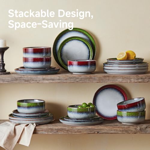 Image of KINGSTONE Stoneware Dinnerware Sets for 4, Reactive Glaze, Kiln-Fired Green