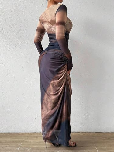 Image of Womens Long Sleeve Maxi Dress Mesh Bodycon Spring Fall Formal Wedding Guest | Tie Dye Ruched Night Out Cocktail Party Long Dresses