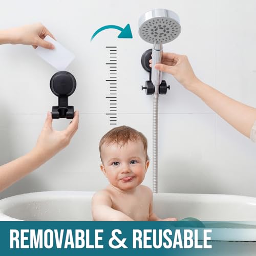 Image of TAILI Shower Head Holder Suction,Visible Safety,with Hooks,Black | height angle adjustable,handheld shower wand bracket,no-drill removable waterproof,plastic,wall mounted,universal,kids,pets