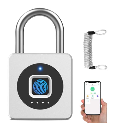 Vorhängeschloss Fingerabdruck, Dhiedas Bluetooth Schloss mit Fingerabdruck und APP, 43MM Vorhängeschloss Klein mit 6MM Dicker Schäkel für Fitnessstudio, Spind, Schule - Silber, mit Kabel