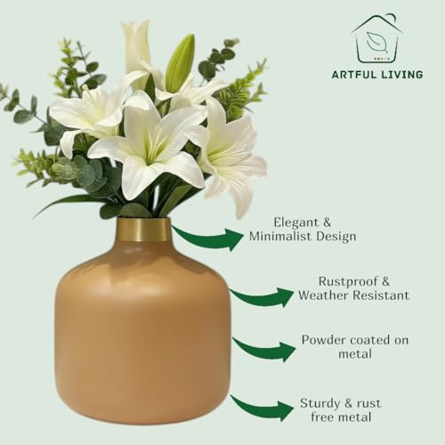 Image of Artful Living India - Round Metal Flower Vase | Round Vintage Vase for Living Room, Table, Office Decoration & Home Decor | Antique Decorative Metal Vase (Warm Beige)