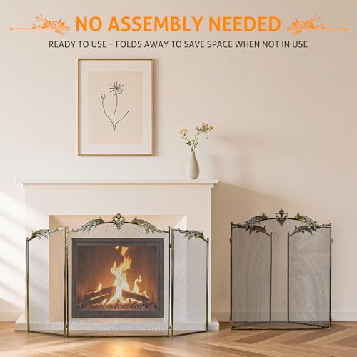 WICHEMI Fireplace Screen 3 Panel Folding Fireplace Screens 50.4 x 32.3 Inch Metal Furnace Fireguards Mesh Cover Baby Safe Proof Fence Spark Guard Cover Wrought Iron Fire Place Standing Gate (Style 2)