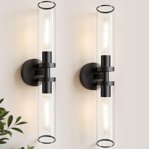 Image of Black Wall Sconces, Set of 2, 22'' Modern Vanity Lights Fixture for Bathroom with Clear Glass, Wall Sconces Lighting, for Living Room /Bathroom Hallway Mirror /Bedroom (Bulbs Not Included)