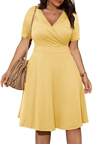 Image of POSESHE Womens Plus Size Dresses Summer Short Sleeve Wrap V-Neck Sundress Casual Wedding Guest Cocktail Dress with Pockets