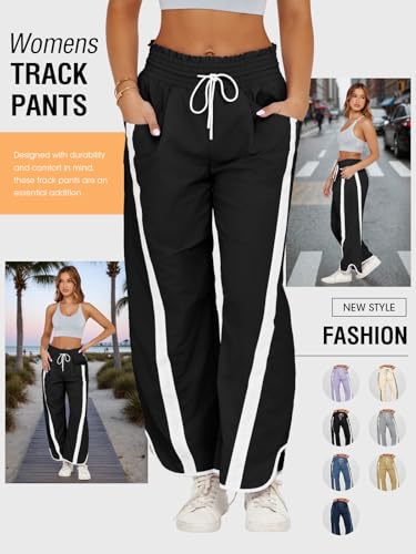 Fisoew Women\'s Baggy Wide Leg Pants Casual Drawstring Elastic Waisted Contrast Color Workout Y2K Track Pants Black - Thumbnail 4