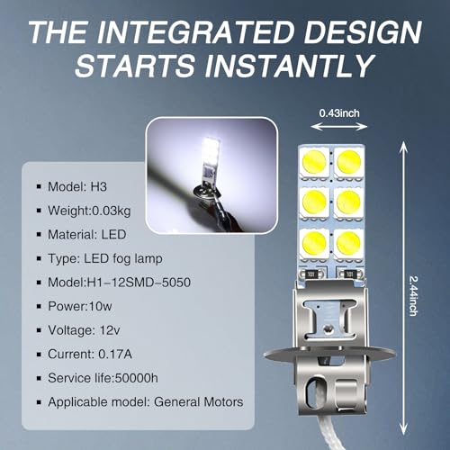 Sumjig 4 PCS H3 Car LED Fog Light, 5050-12SMD 55W 6000K 12V AC Anti-fog Super Penetrating Light, 360-degree No Blind Spot Lighting Accessories, Compatible with Most Car Models (White)