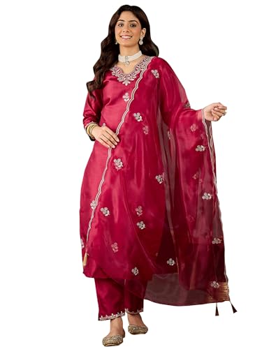 Image of VredeVogel Women's Ethnic Wear Embroidered Silk Blend Kurta Pant Set with Organza Dupatta | Festive & Casual Summer Kurti with Pants for Party Office & Ethnic Occasions