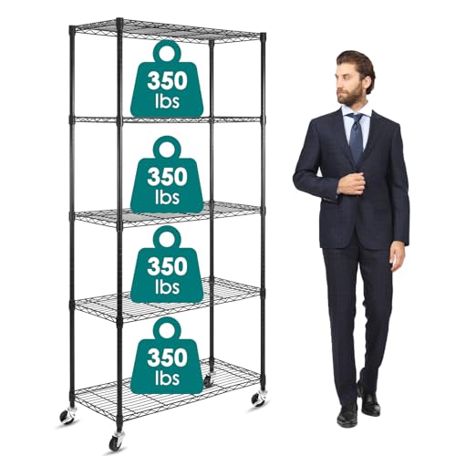 Image of WDT 5-Shelf Shelving Units on Wheels Casters, Adjustable Heavy Duty Metal Shelf Wire Storage Rack for Home Office Garage Kitchen Bathroom Organization(16 inchWx36 inchDx75 inchH), Black