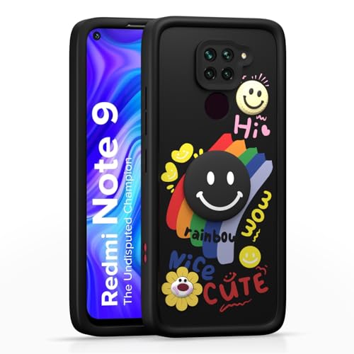 Image of Pikkme Back Cover for Redmi Note 9 | Soft Silicone| Cute Rainbow Smile & 3D Cartoon Flower Design | Shockproof Raised Camera Protection Bumper Case (Black)