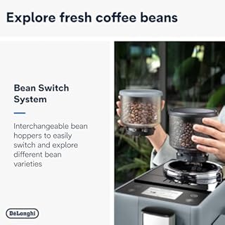 De'Longhi Rivelia EXAM440.55.G, Machine À Café Grain Automatique, Grains Fraîchement Moulus, Bac à Grains Interchangeable, Carafe à lait Automatique, 16 Recettes, Écran Tactile Couleur, Gris