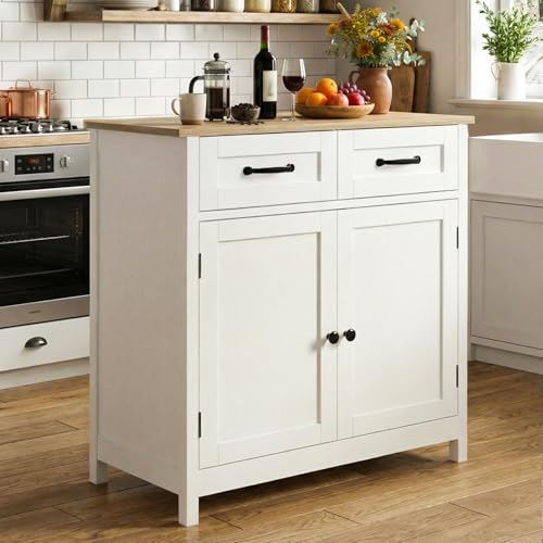 HOKEEPER Aparador Blanco con Cajones, Mueble Auxiliar de Cocina Independiente - Muebles de Salón para Comedor y Pasillo