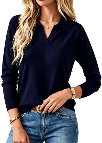 Navy Blue Polo Shirt Women Long Sleeve V Notch Collared Fall Sweaters XL - image 1