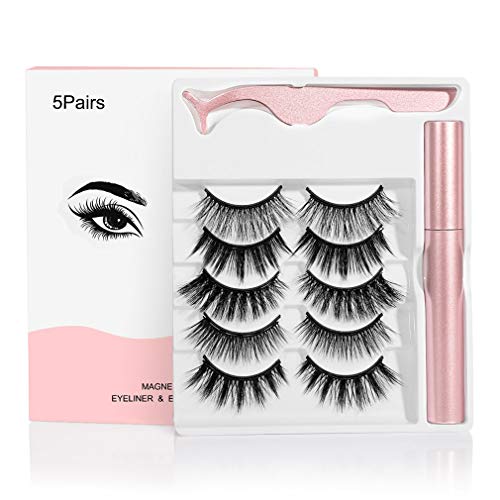 RORASA Magnetic Eyelashes with Magnetic Eyeliner Eye Makeup Lashes Kit Natural Look Magnetic Eyelashes Set (Pink-5 pairs)
