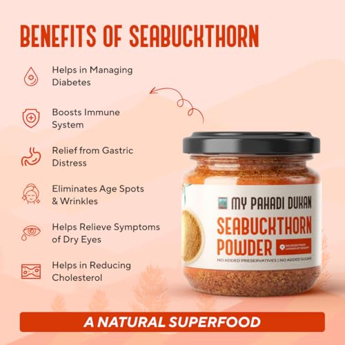 Image of My Pahadi Dukan (MPD) Sea buckthorn Berry Powder 100g, Rich in Omega 3 6 7 9 & Vitamin C, Antioxidant & Fiber Rich, Supports Skin Glow Immunity & Gut Health, 100% Pure, No Additives