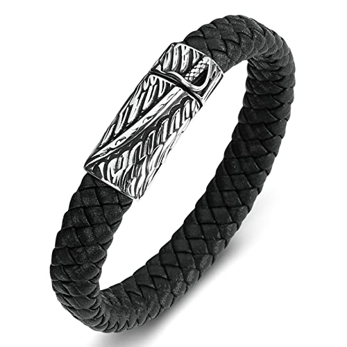 Aeici Gourmette en Acier Homme, Gourmette Cuir Homme Bracelet Gothique Homme Bracelet Tressé Noir À Motif D'Épée