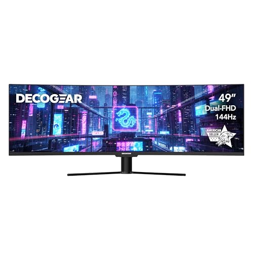 Deco Gear 49” Ultrawide Curved Monitor, 144Hz 32:9 Dual FHD 3840×1080, R1500, 3000:1 VA Super Wide Screen, Adaptive Sync, HDR400, USB-C 65W, 3ms, HDMI/DP...
