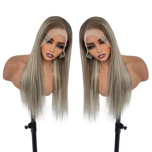 Image of Munx 180% Density Ash Brown Straight Lace Front Wigs for Women, Pre Plucked Human Hair Wig Dark Brown Roots 13x6 Free Part HD Highlight Lace Front Wigs Human Hair Bleached Knots 22in