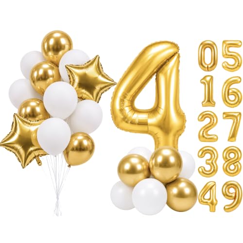 Image of PartyWoo Metallic Gold Number 4 Balloon 40 Inch 25pcs Gold Foil Star White