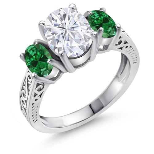 Gem Stone King 2.80 Cttw White Moissanite and Green Created Emerald 3-Stone Engagement Ring In 925 Sterling Silver | 3 Stone Wedding Anniversary Promise Ring For Women