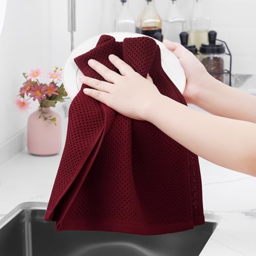 Image of Homaxy 100% Cotton Waffle Weave Kitchen Dish Towels, Ultra Soft Absorbent Quick Drying Cleaning Towel, 13 x 28 Inches, 12-Pack, Burgundy