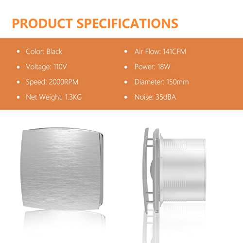 Hon&Guan Kitchen Exhaust Fan Wall Vent Fan, 141 Cfm 6'' Bathroom Exhaust Fan Through Wall Exhaust Fan With Anti-Backflow Check Valve, For Ceiling And Wall Mount, Silver-With Fastening Ring. #TOP3