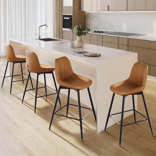 Image of VASAGLE Bar Stools Set of 4, Counter Height Bar Stools with Back, Ergonomic Backrest, Synthetic Leather, Metal Legs, 24.8-Inch Tall Barstools for Kitchen Island Home Bar, Easy Assembly, Caramel Brown