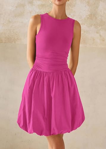 Image of KIRUNDO Summer Dresses for Women 2026 Cute Mini Sleeveless Bubble Dress | Stretchy Ruched Front Cinched Waist, Woven Balloon Skirt, Crewneck Tank Sundress With Pockets, Casual Party Vacation Outfits